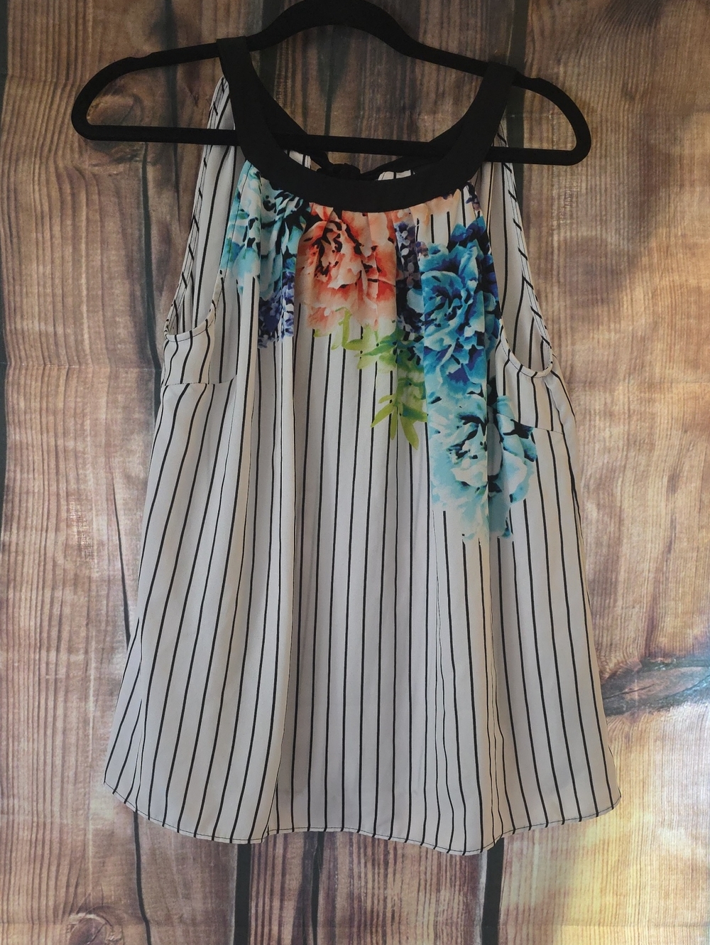 Worthington White Vertical-Stripe Top with Multicolor Floral Yoke